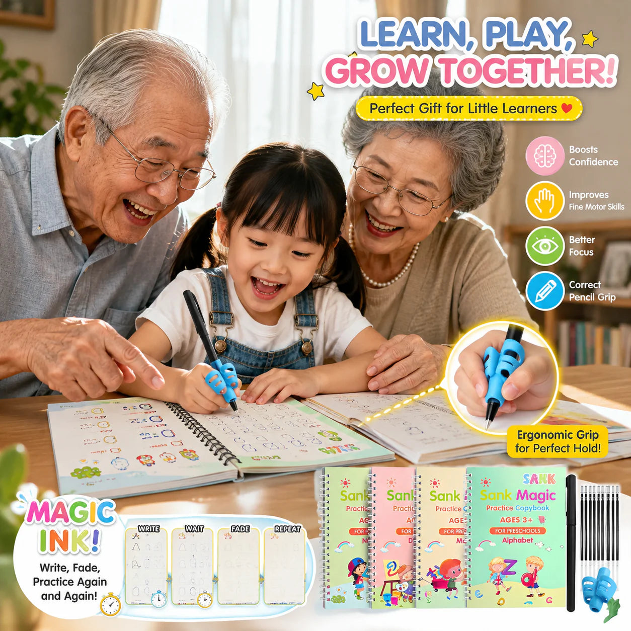 Reusable Grooved Handwriting Practice Books for Kids – 4-Book Set